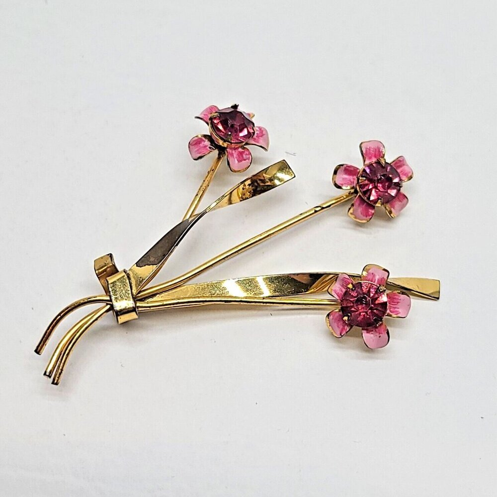 Corocraft Sterling silver floral pin brooch pink enamel rhinestone gold plated